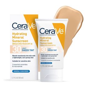 CeraVe Hydrating Mineral Sunscreen SPF 30 Face Sheer Tint Shade: Light